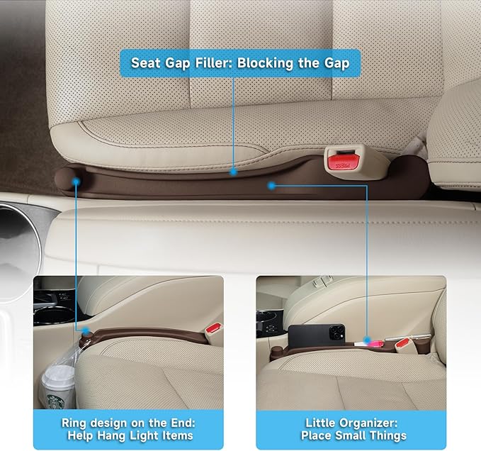 Car Seat Gap Filler Set of 2, 3IN1 Seat Side Gap Filler Plug with Storage Slot & Hook Function, Soft Foam Universal Fit Car SUV Truck Fill Gap Between Seats Console Organizer（Narrow Dark brown）