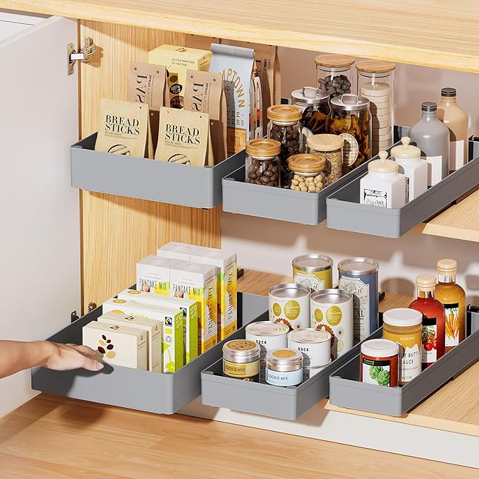 Delamu 3 Pack Pull Out Cabinet Organizer, 15.7" Deep Pull Out Drawers for Cabinets, Slide Out Drawers for Kitchen Cabinets, Bathroom Cabinet Organizer, Pantry (Grey)