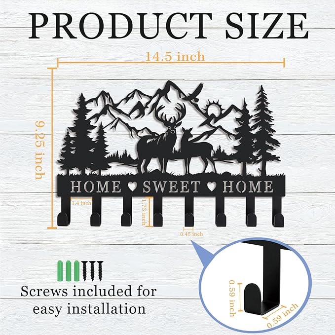 Deer Metal Key Holder for Wall, 14.5" X 9.2", Key Hooks for Wall Organizer, Key Rack, Forest Theme Coat Hat Towel Hooks, Ideal for Living Room, Hallway, Office
