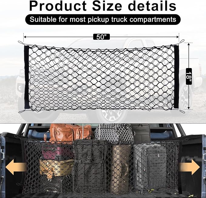 Amiss 2 Packs Cargo Net Stretchable, Adjustable Trunk Storage Net with Hook, Accessories for Pickup Bed Divider Organizer and Storage, Compatible with Chevy Silverado Ford F150 GMC (50"x 18")