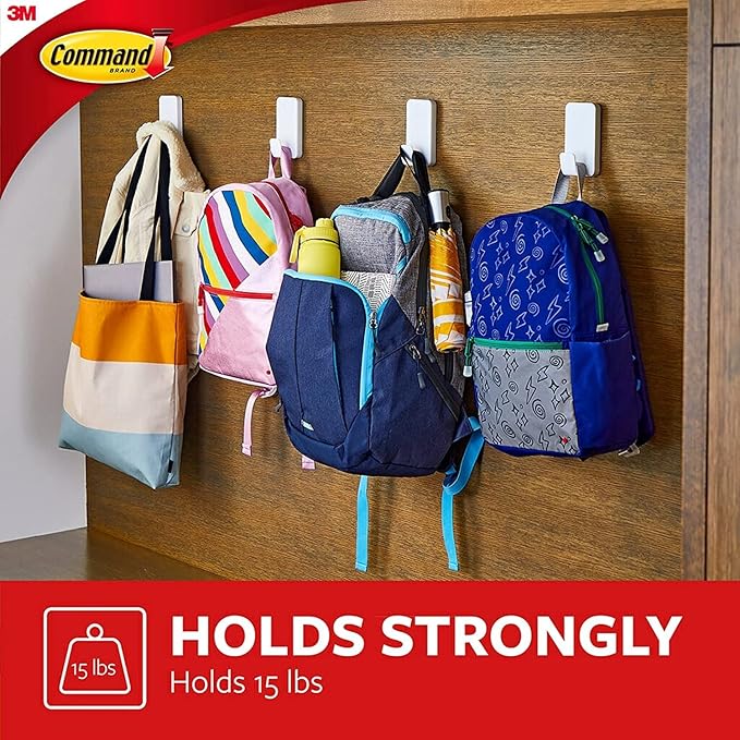 Command 15 Lb XL Heavyweight Wall Hook, Damage Free Hanging Wall Hook with Adhesive Strips, Heavy Duty Single Wall Hook for Hanging Back to School Organizers, 2 White Hooks and 8 Strips