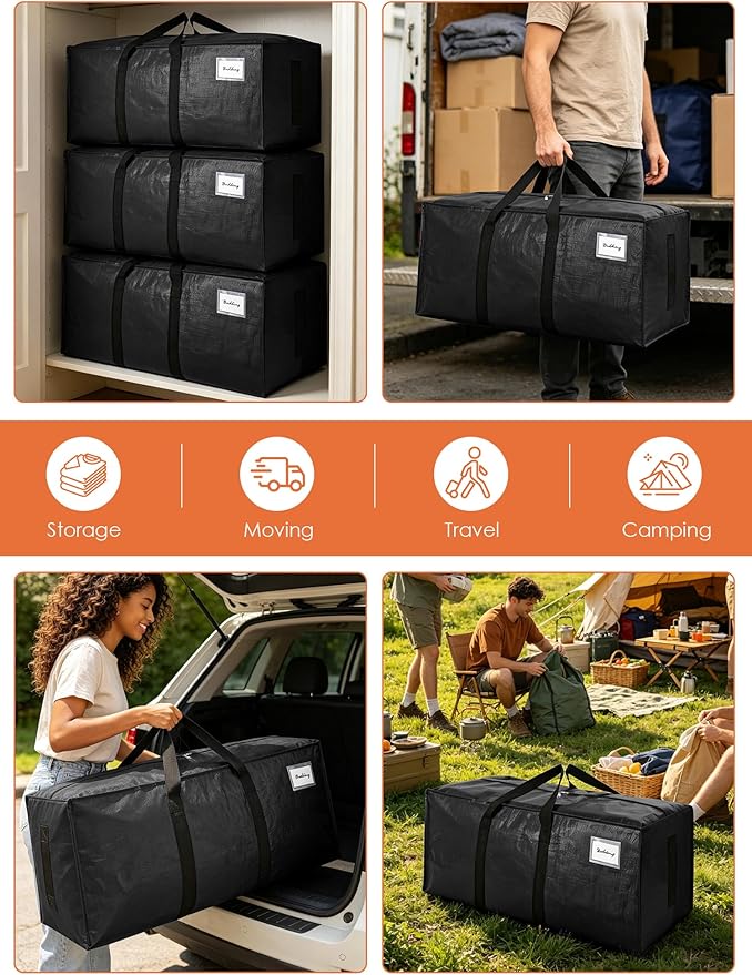SWEET DOLPHIN 8 Pack 200LB Heavy-Duty Moving Bags with Wrap-Around Handles, Extra Large Storage Totes for Space Saving, Clothes Storage Bags, College Dorm Essentials, Black, 24 Gal