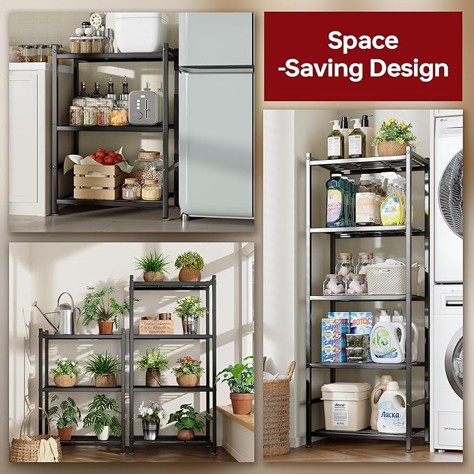 Storage Shelves, 5-Tier Metal Shelving Unit with Adjustable Feet, Compact Shelf Organizer for Garage, Kitchen, Pantry and Closet Organization,17.7" x 11.8" x 56.3", Black