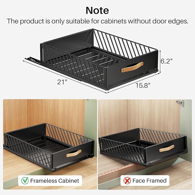 Pull out Cabinet Organizer Fixed with Adhesive Nano Film,Heavy Duty Slide out Pantry Shelves Drawer Storage,Sliding Mesh Cabinet Basket with Handle for Kitchen, Bathroom,Home, 15.8"W X 21"D X6.2"H