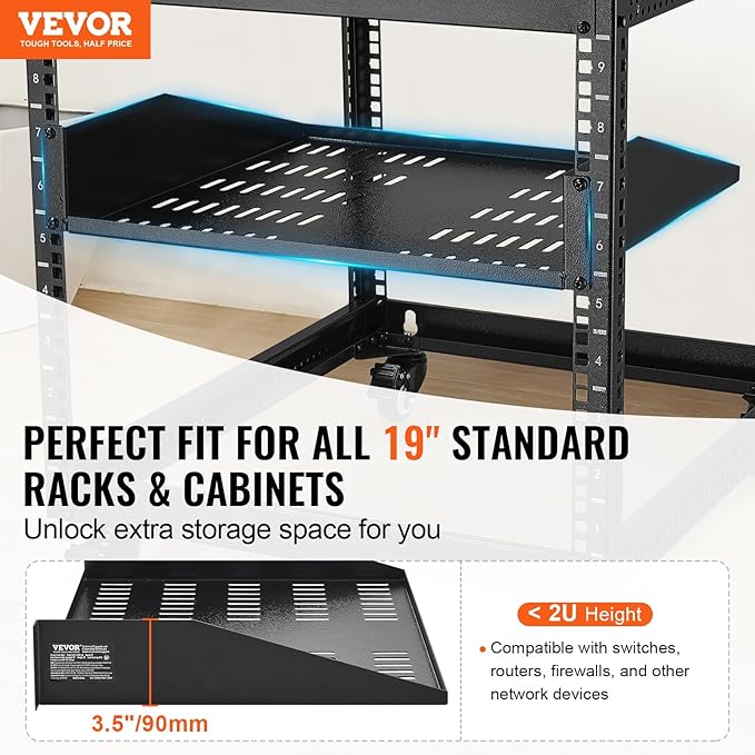 VEVOR 2U Server Rack Shelf - Universal Vented Cantilever Tray for 19 inch Network Equipment Rack & Cabinet, 16" Deep, 50 lbs Weight Capacity, Wall Mount