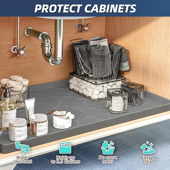 SIKADEER 34" x 19" Under Sink Mat Waterproof , Silicone Mat Kitchen Drawer Shelf and Cabinet Liner, Sink Protector for Bathroom Organizers and Storage, Boot Tray Pet Food Mats