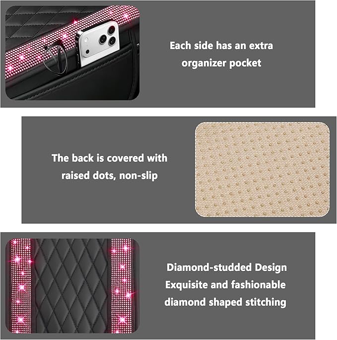 Stacool Upgraded Car Center Console Cover with Rhinestones,Microfiber Leather Car Armrest Cover Cushion with 2 Storage Bags,Universal Cars Armrest Storage Box as Cars Interior Accessories