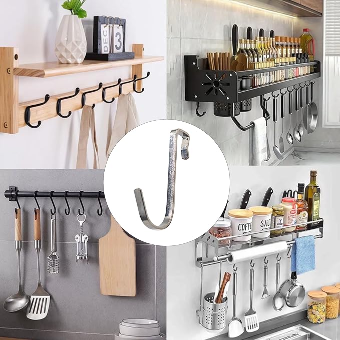 20Pcs J Shaped Stainless Steel Hanger Hook,Clip-on Wire Rack Hook, Hanging Sink Grid Hooks Wire Shelf Hooks for Kitchen Bedroom Office, Silver