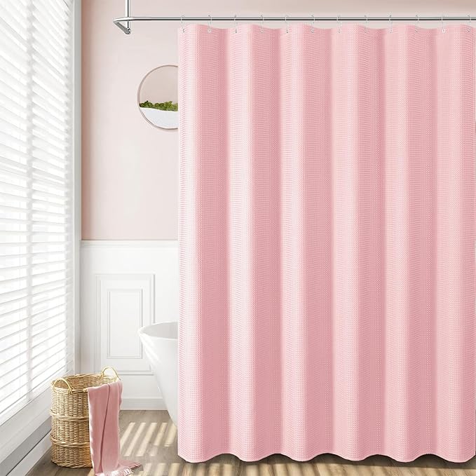 Dynamene Stall Fabric Shower Curtain - 54 inch Wide Waffle Weave Weighted Thick Cloth Shower Curtains for Bathroom, Heavy Duty Hotel Spa Luxury Bath Curtain Set with 10 Hooks, 54x72, Pink