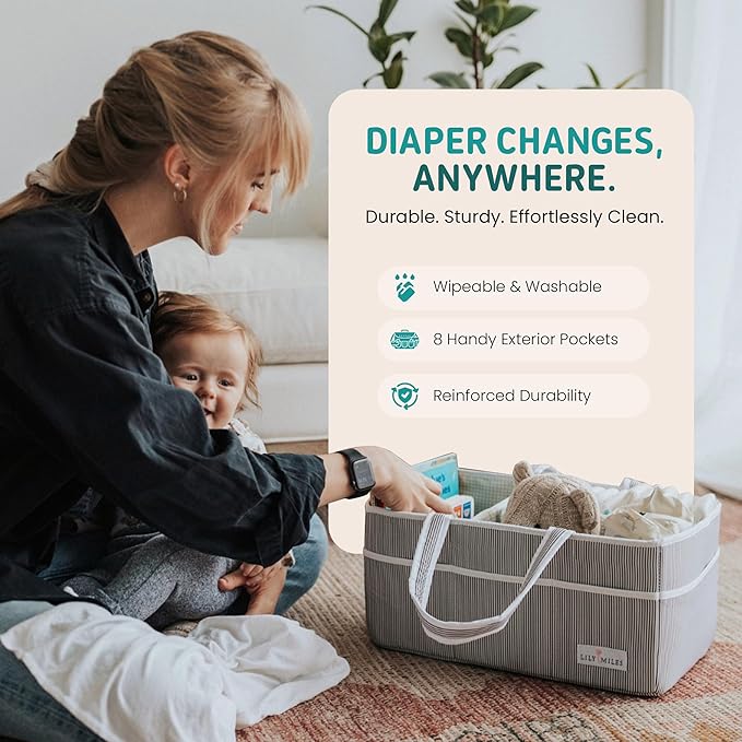 Lily Miles Baby Diaper Caddy Organizer - Large Tote Bag for Newborn essentials Boy or Girl - Baby Shower Basket - Nursery Must Haves - Registry Favorites - Newborn Caddie Car Organizer