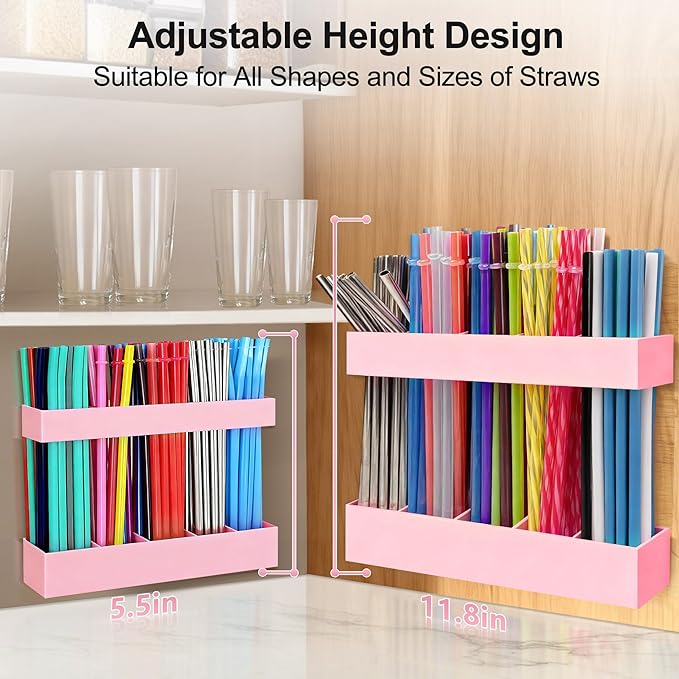 9.5” Large Acrylic Straw Holder for Cabinet Door, Reusable Adjustable Two-Part Straws Organizer with Ultra Sticky Adhesive Strips, 2026 Straw Storage for Kitchen Cupboard(Rose Stone)