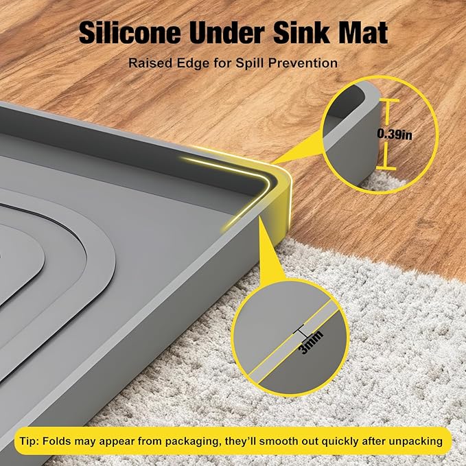 Aisslro Under Sink Mat 25" X 19", Waterproof Silicone Under Sink Mats for Kitchen, Anti-Leak Shelf Liner & Cabinet Protector with Raised Edge, [BPA Free] Bathroom Tray Home Organizer, Dark Gray