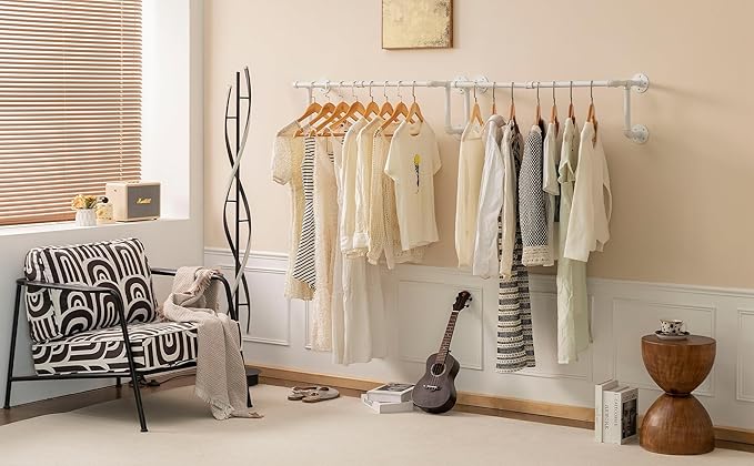 Homeyeeng Clothes Racks, Industrial Pipe Clothing Racks for Hanging Clothes, Wall Mounted Heavy Duty Space Saving Garment Racks, Multi-Purpose Clothing Hanging Rods for Closet Storage, White, 2Pcs