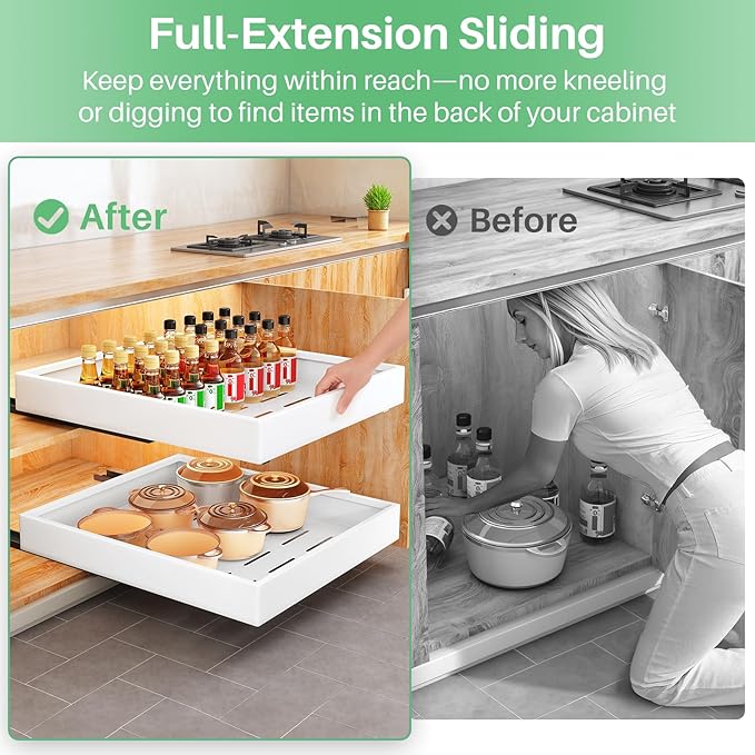 Pull Out Cabinet Organizer with Nano Adhesive, Heavy Duty Full-Extension Slide-Out Drawer for Kitchen Cabinet Organizers and Storage, No Drill Roll out Pantry Shelf, 15.8"W x 16.9"D x 3.1"H , White