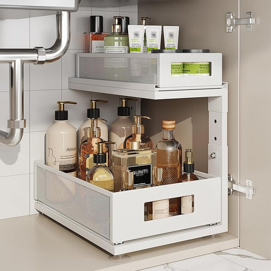 1 Pack Under Sink Organizer with Next-Gen Ball-Bearing Slides,2-Tier Pull Out Cabinet Storage,Height Adjustable Drawer Shelf for Bathroom,Kitchen,Laundry,Cabinet,Pantry-White