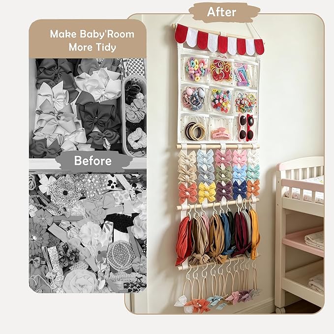 kangaroo Headband Holder Hair Bows Organizer for Baby Girls Large Capacity Bow Holder Hair Accessories Wall Hanging Organizer for Toddler Baby Girl Nursery Room Decor（Multi-pocket style）