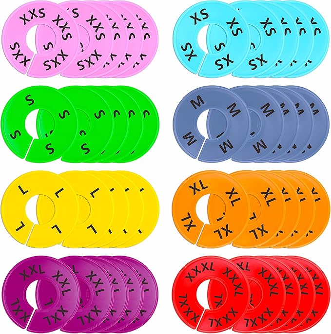 40 Pack Round Colorful Plastic Clothing Size Closet Rack Dividers Hangers, 8 Assorted Colors, Preprinted in 8 Sizes XXS, XS, S, M, L, XL, XXL, XXXL (Outer 3.5”, Inner Diameter 1.38”)
