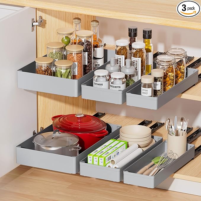 Delamu 3 Pack Pull Out Cabinet Organizer, 15.7" Deep Pull Out Drawers for Cabinets, Slide Out Drawers for Kitchen Cabinets, Bathroom Cabinet Organizer, Pantry (Grey)