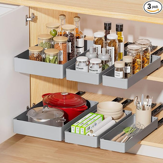 Delamu 3 Pack Pull Out Cabinet Organizer, 15.7" Deep Pull Out Drawers for Cabinets, Slide Out Drawers for Kitchen Cabinets, Bathroom Cabinet Organizer, Pantry (Grey)
