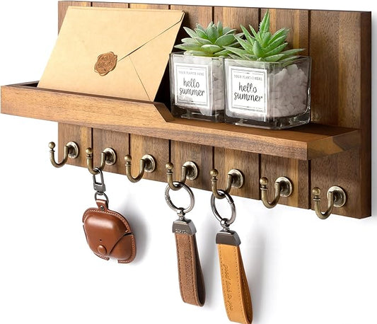 Rebee Vision Acacia Wood Key Holder Wall Mount for Home Decor - Key Holder for Wall with Floating Shelf for Hanging Coats & Hats - to Elevate Farmhouse Decor (Acacia Wood, 3.54''×15''×7.28'')