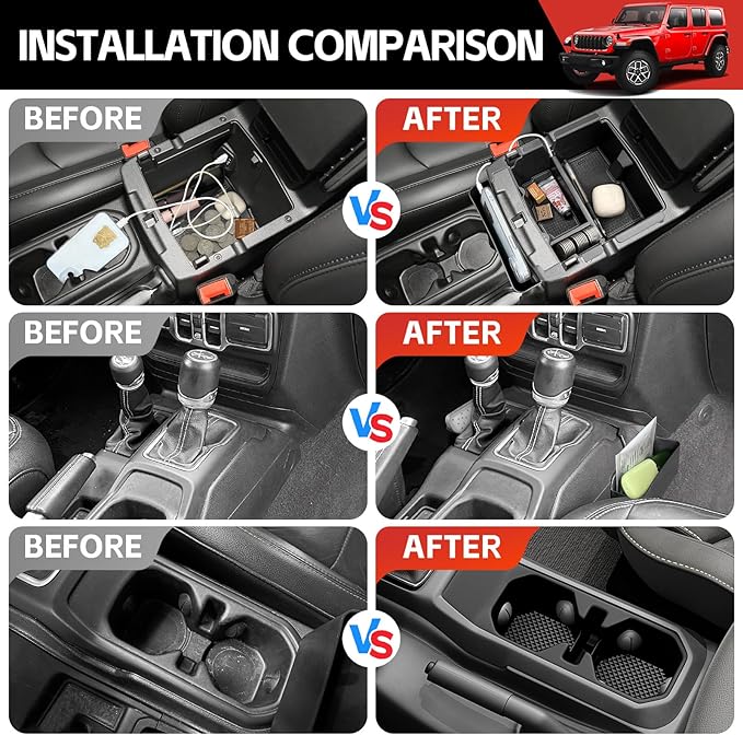 Center Console Organizer Fit for 2018-2025 Jeep Wrangler JL JLU 4XE/Gladiator JT Center Console Cup Holder Armrest Storage Hanging Gear Shift Tray for Wrangler&Gladiator(3-Piece+Cupholder)