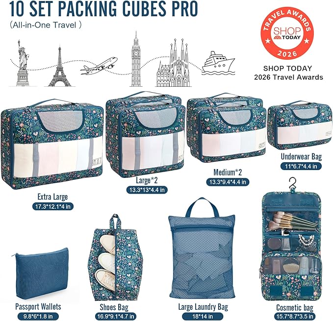 Veken 10 Set Packing Cubes for Travel Essential, Suitcase Organizer Bags in 4 Sizes, Carry-On Luggage Accessories with Large Laundry & Shoes Bag, Must-Have for Airplane, Road Trip & Camping