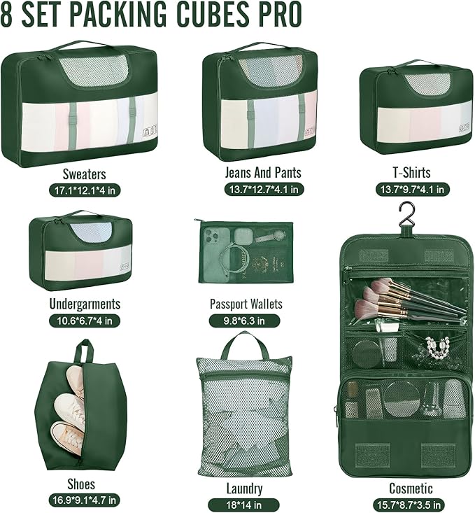 Veken 8 Set Packing Cubes for Travel Essentials, Suitcase Organizer Bags in 4 Sizes, Carry-On Luggage Accessories with Large Laundry & Shoes Bag, Must-Have for Airplane, Road Trip & Camping