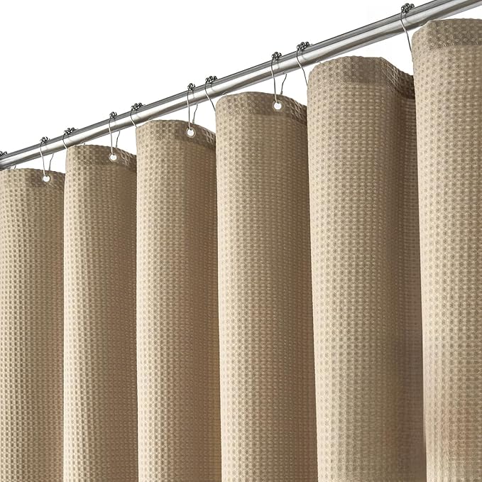 Dynamene Long Fabric Shower Curtain - Waffle Textured Tall Heavy Duty Cloth Shower Curtains for Bathroom, 256GSM Large Hotel Spa Luxury Bath Curtain Set with 12 Plastic Hooks(72Wx80H, Beige/Khaki)