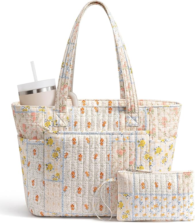 Bagstellar Puffer Tote Bag for Women, Quilted Cotton Laptop Work Tote Shoulder Bag for College School, Teacher, Nurse, Travel | Top Full-zip Closure