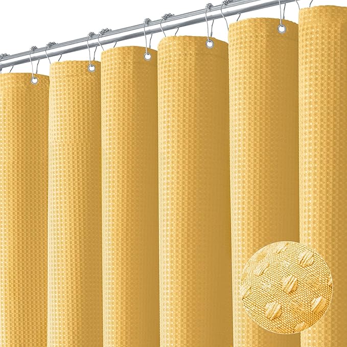 Dynamene Extra Long Shower Curtain - 96 Inch Long Waffle Weave Weighted Thick Cloth Bathroom Shower Curtain, Neutral Heavy Duty Hotel Bath Curtain Set with 12 Plastic Hooks,72x96, Gold