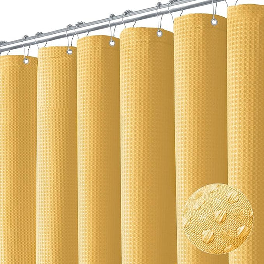 Dynamene Extra Long Shower Curtain - 96 Inch Long Waffle Weave Weighted Thick Cloth Bathroom Shower Curtain, Neutral Heavy Duty Hotel Bath Curtain Set with 12 Plastic Hooks,72x96, Gold