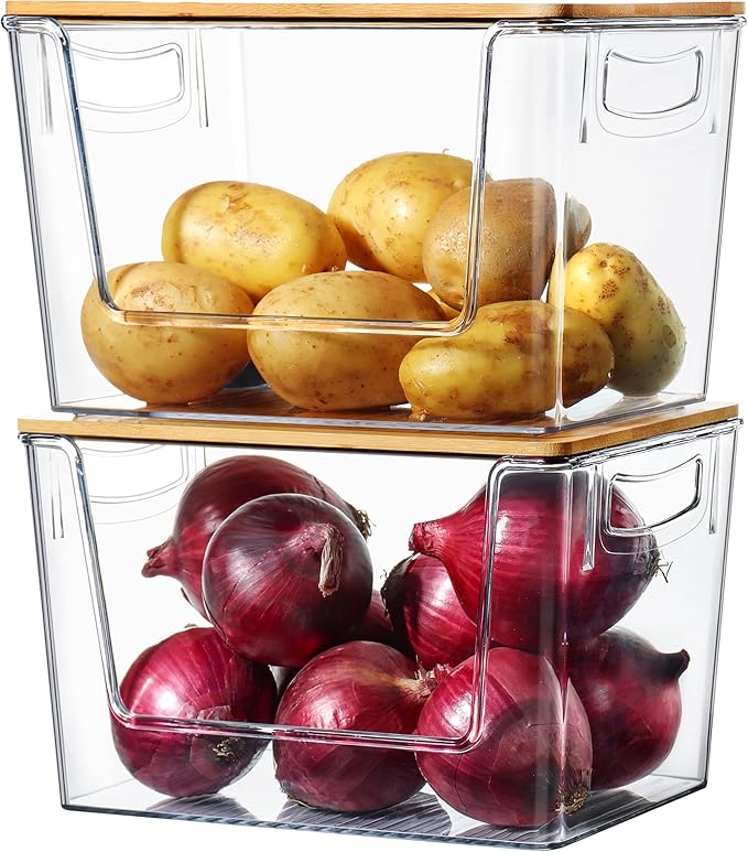 Pantry Organizers Storage, 2 Pack Large Capacity Clear Storage Bins with Bamboo Lids for Onion, Potato, Garlic, Canned Food, Under Sink Organizer Kitchen Countertop Organizer