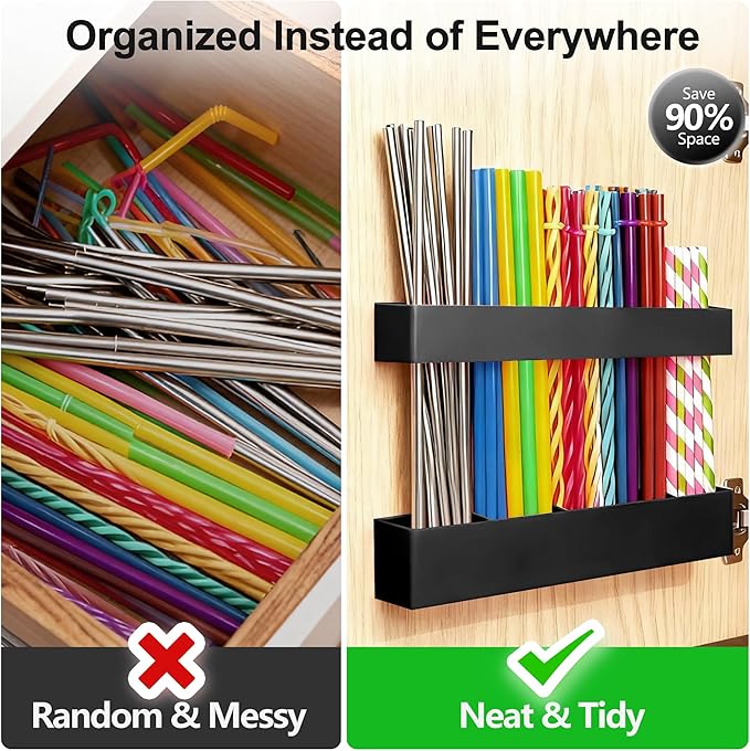 9.5” Large Acrylic Straw Holder for Cabinet Door, Reusable Adjustable Two-Part Straws Organizer with Ultra Sticky Adhesive Strips, 2026 Straw Storage for Kitchen Cupboard