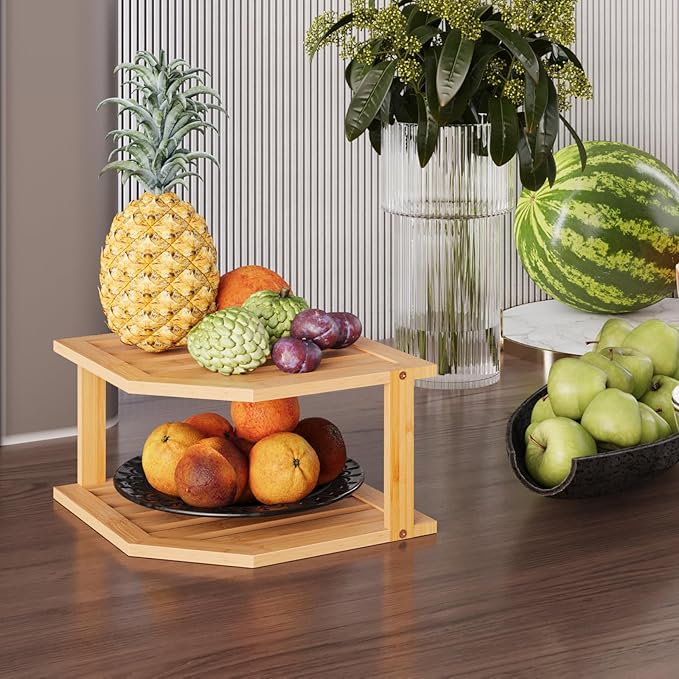 Bamboo Corner Shelf,2 Tier Plate Organizer for Cabinet and Countertop,Pantry Dish and Spice Rack for Kitchen