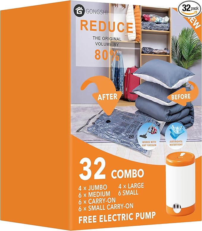 GONGSHI Vacuum Seal Bags for Clothing Travel & Home Storage, Travel Vacuum Bags with Electric Pump,Space Saver for Blankets, Comforters, Pillows, Clothes,32 Combo