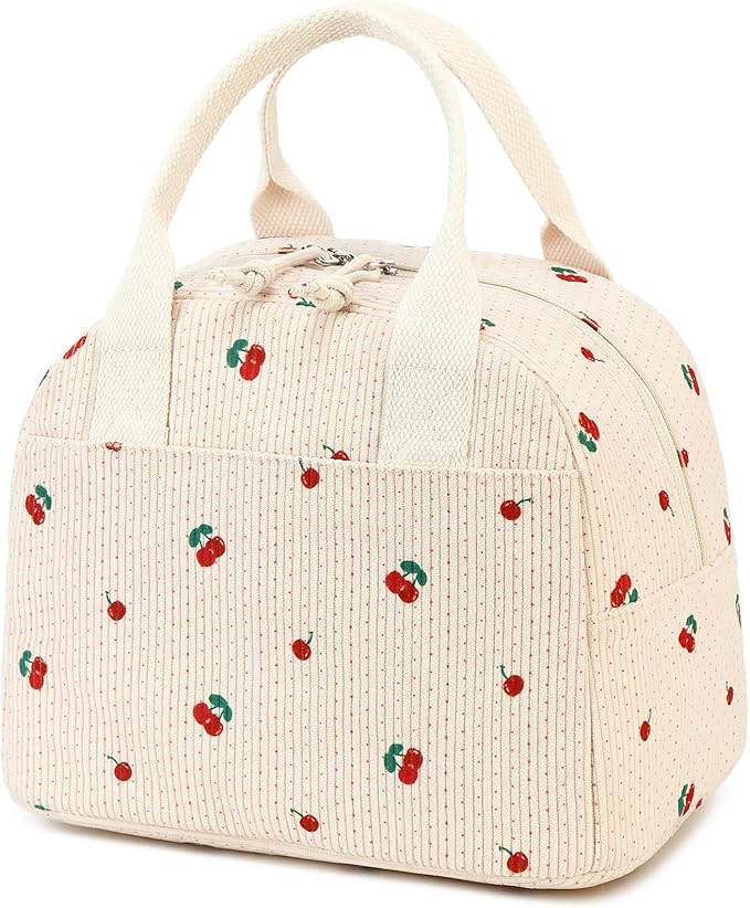 LOVELYWIND Insulated Cherry Lunch Bag for Women, Stylish Corduroy Tote with Aluminum Lining, Large Capacity Reusable Cooler for Work, Travel, Beach or Picnic, Beige Cream Water-Resistant Lunch Box