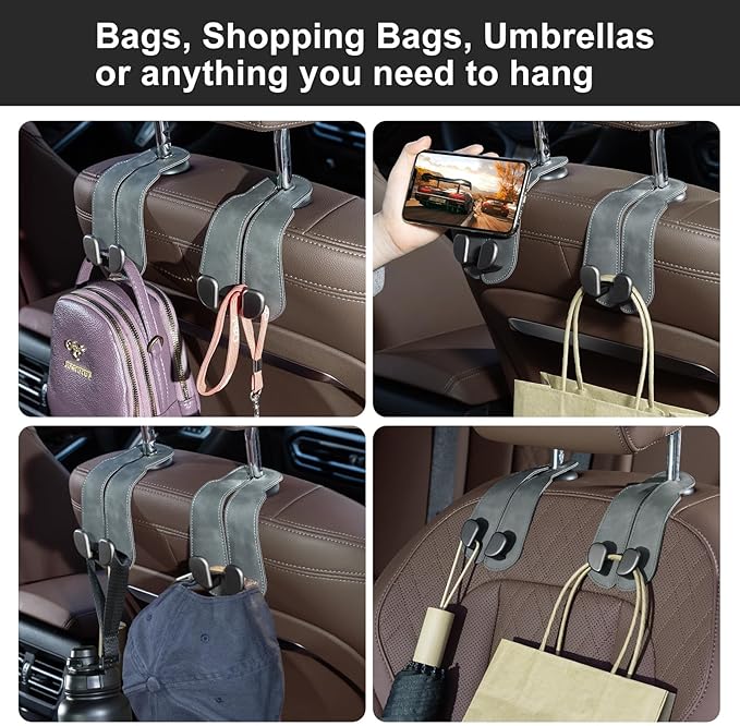 CoBak Purse Hook for Car - Universal Premium Stitched Leather and Aluminum-Magnesium Alloy Double Car Seat Back Storage Hook for Purses, Handbags, Bags (4 Pack),Gray