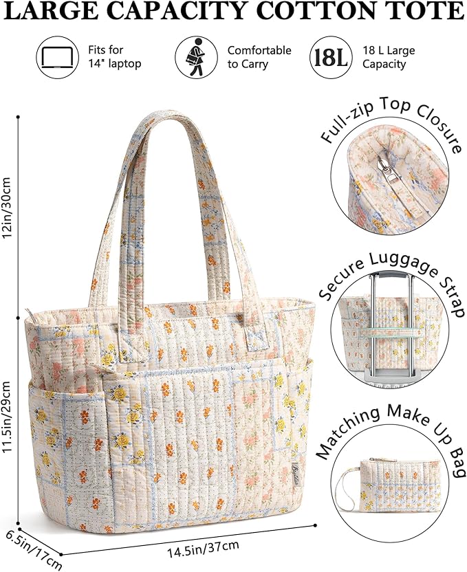 Bagstellar Puffer Tote Bag for Women, Quilted Cotton Laptop Work Tote Shoulder Bag for College School, Teacher, Nurse, Travel | Top Full-zip Closure