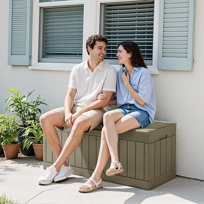 Devoko 78 Gallon Deck Box, Waterproof Resin Outdoor Storage Box for Outside and Patio, Outdoor Storage Bench Lockable for Patio Furniture, Garden Tools and Pool Supplies (Light Brown, 78 Gallon)
