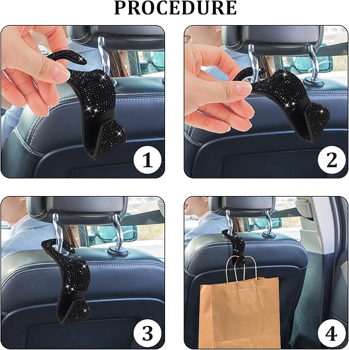 Dermasy 2 Pack Car Hooks, 2021 New Bling Rhinestones Crystal Hooks Car Decorations Auto Seat Back Organizers Strong and Durable Backseat Hanger Storage Universal for SUV Truck Vehicle (Black)