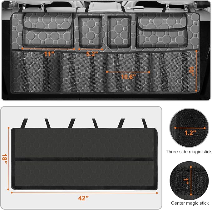 esouler Car Trunk Organizer, Super Capacity Backseat Car Organizer for SUV/Truck/MPV(42"*18"), Hanging Car Storage Organizer with 8 Pocekts, Car Accessories for Women and Men- Grey