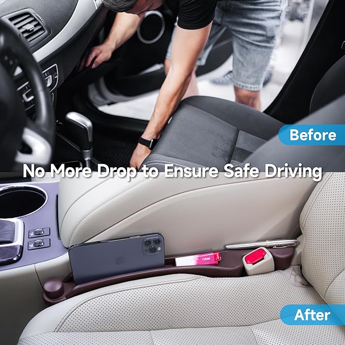 Car Seat Gap Filler Set of 2, 3IN1 Seat Side Gap Filler Plug with Storage Slot & Hook Function, Soft Foam Universal Fit Car SUV Truck Fill Gap Between Seats Console Organizer（Narrow Espresso brown）