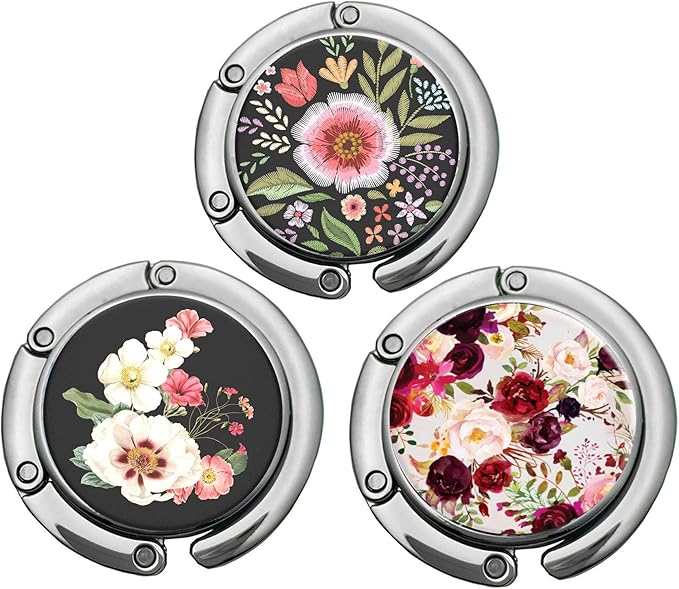 Bosketo Foldable Purse Hook Womens Bag Table Hanger Collection Desk Hooks for Purse (3 Pack Amazing Flower Hook)