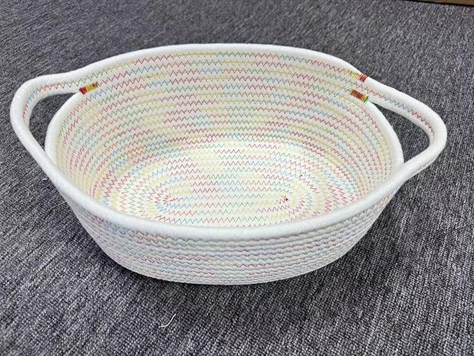 ABenkle Small Woven Basket, 12"x 8" x 5" Cute Small Basket, Rope Room Shelf Storage Basket, Cat Dog Toys Basket Chest Box, Empty Decorative Gift Basket with Handles - Colorful Thread