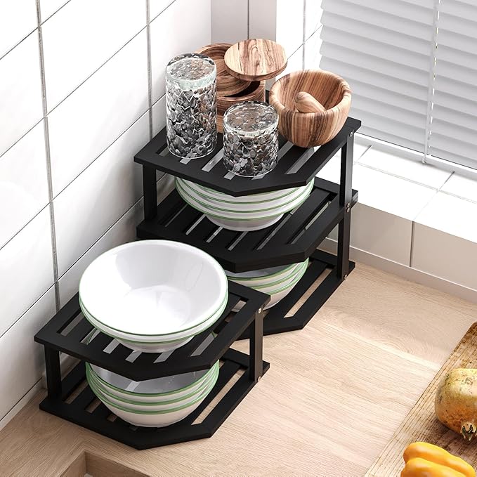 Bamboo Corner Shelf(3 Pack),2 Tier Plate Organizer for Cabinet and Countertop,Pantry Dish and Spice Rack for Kitchen(Black)