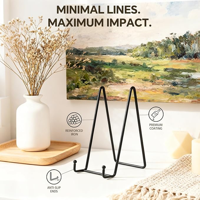 Artliving Metal Plate Stands for Display - 8-Inch Tabletop Holder for Decorative Plates, Picture Frames, Cookbooks, Plaques - Black Iron Display Easels - 2 Pack