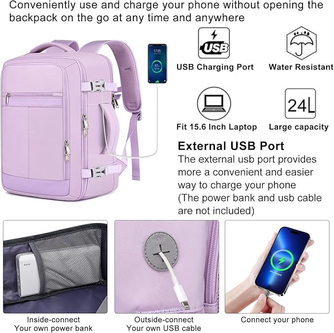 EZUOLA Travel Backpack for Women, 25L Carry On Backpack Airline Approved,Personal Item Travel Bag,Bookbag for College Essentials,Lightweight Work Back pack for Weekend Business,Gifts Purple