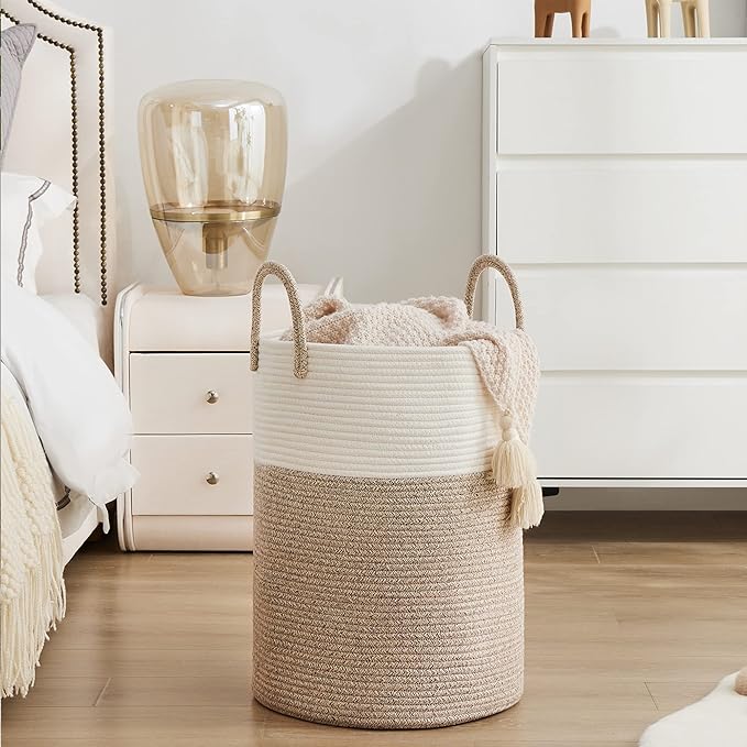 YOUDENOVA Woven Rope Laundry Hamper Basket, 58L Tall Laundry Basket, Baby Nursery Hamper for Blanket Storage in Bedroom-Large-Brown