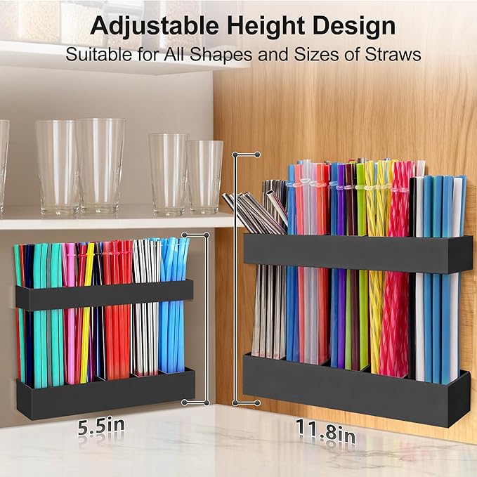 9.5” Large Acrylic Straw Holder for Cabinet Door, Reusable Adjustable Two-Part Straws Organizer with Ultra Sticky Adhesive Strips, 2026 Straw Storage for Kitchen Cupboard