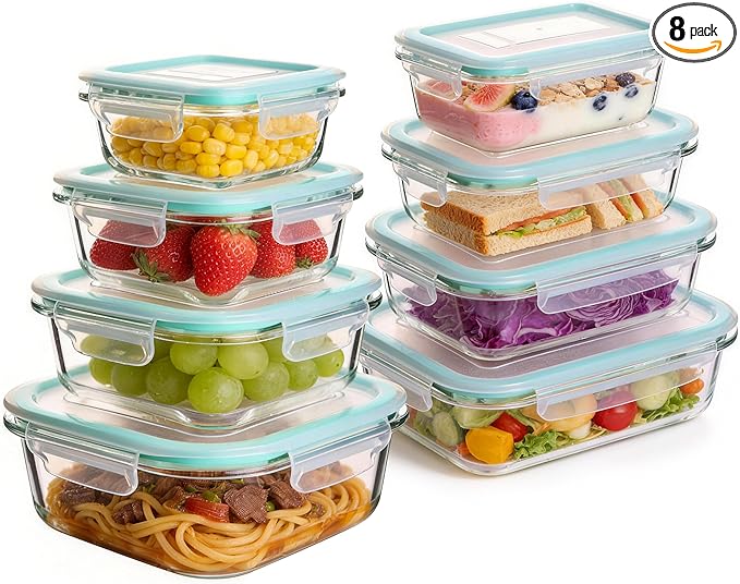 Liuruiyu 8 Pack Glass Food Storage Containers with Lids, Meal Prep Containers, Airtight Bento Boxes with Leak Proof Locking for Microwave, Oven, Freezer and Dishwasher, BPA Free（5oz to 36oz）